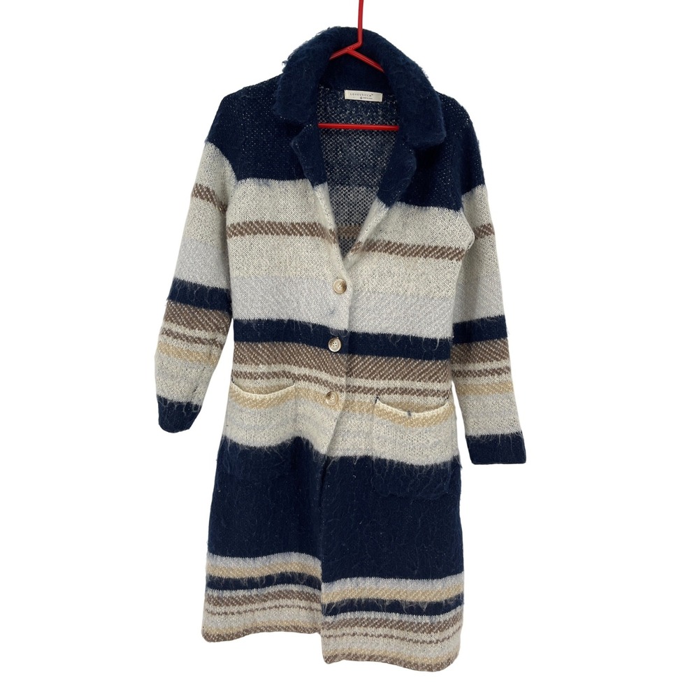 Lovestitch Womens Longline Striped Fuzzy Knit Cardigan Sweater Navy Blue Size S